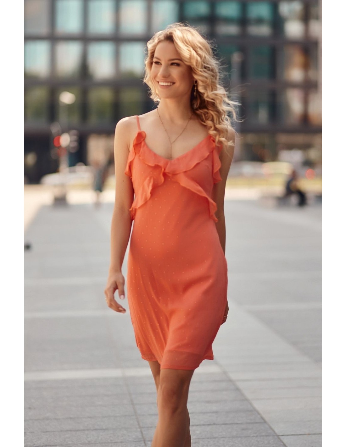 Rochie fermecatoare coral cu volane PR32120 - Magazin online - Boutique